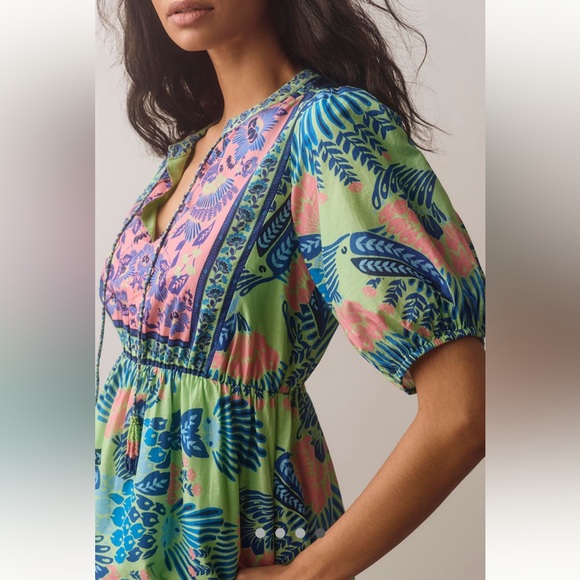 Rare!!! Anthropologie NWT Farm Rio Short-Sleeve Tiered A-Line Midi Dress size S. - Picture 7 of 13